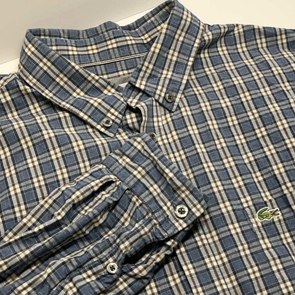 Lacoste Mens Button Up Shirt L Blue Plaid Regular Fit Long Sleeve Logo Preppy